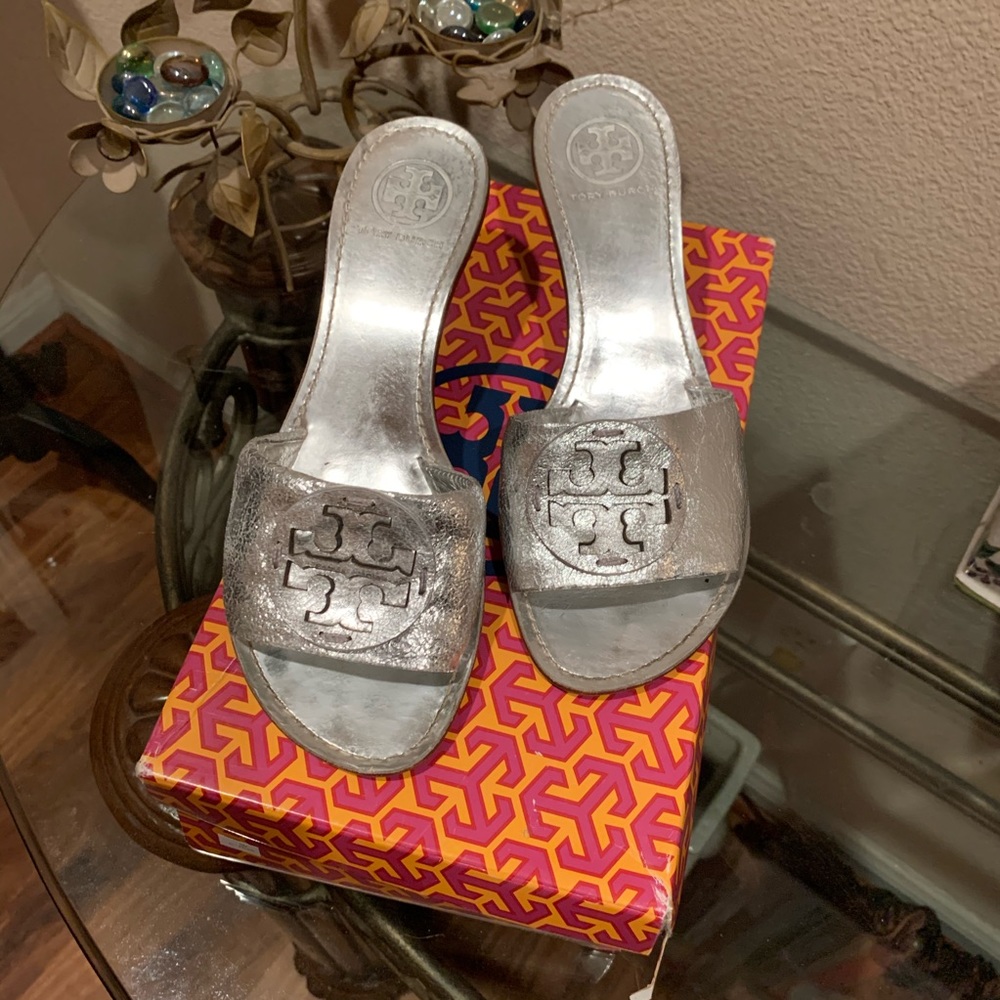 Tory Burch silver mules